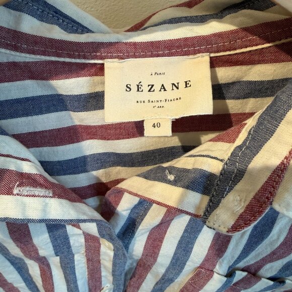Sezane Max Shirt Blue/Burgundy Ecru Stripe Size L/40 - Picture 6 of 8